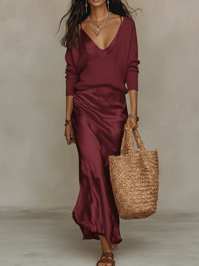 Conjunto de vestido midi satinado y jersey