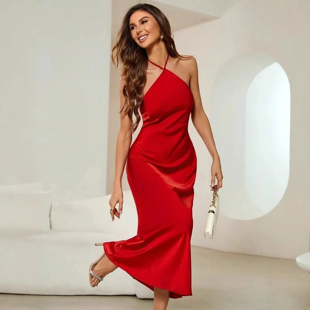 Vestido midi satinado de tirantes finos