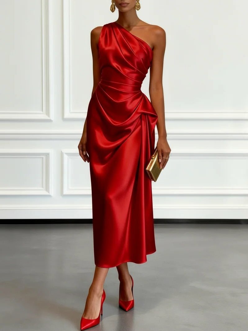 Vestido midi de un hombro con frunces