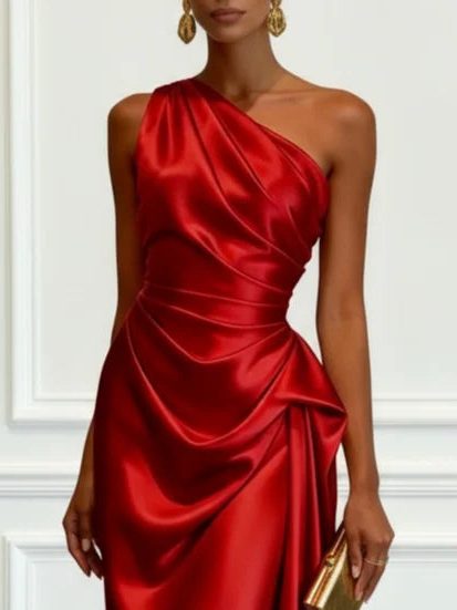 Vestido midi de un hombro con frunces