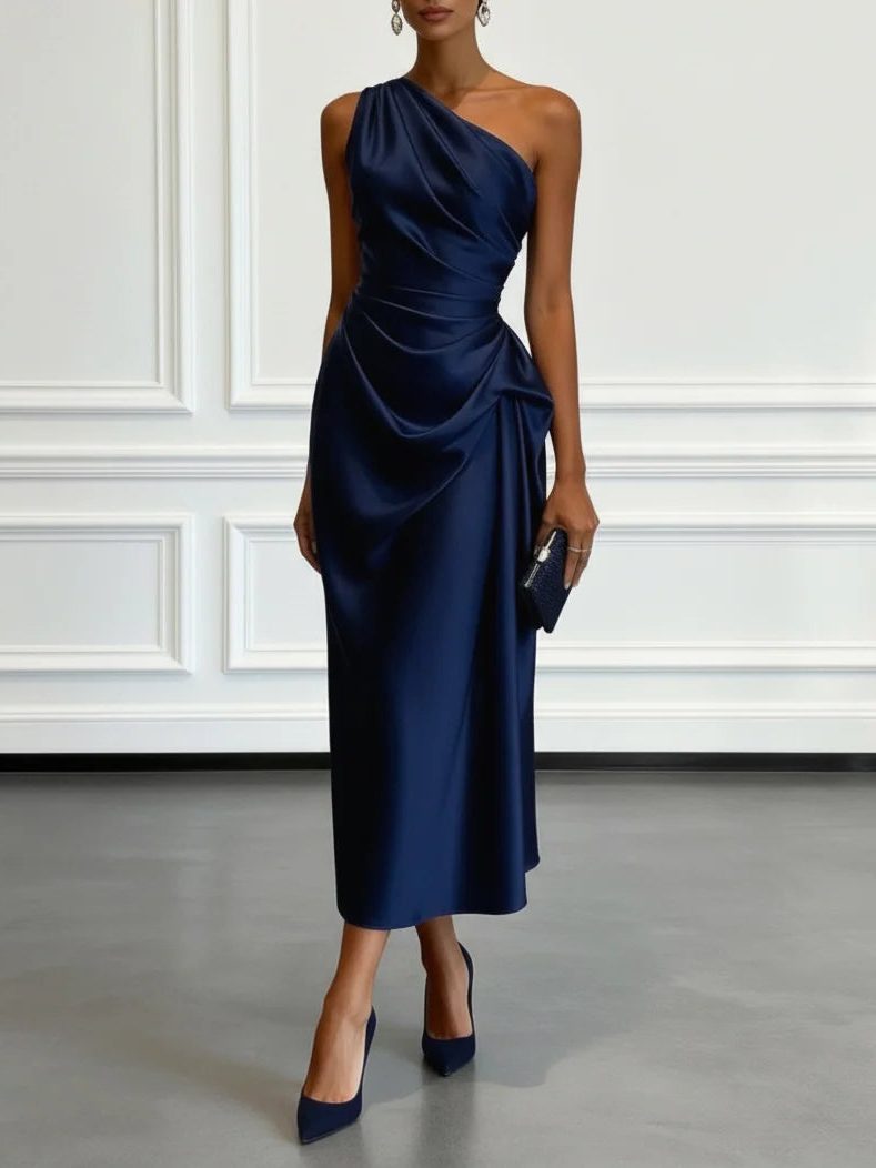 Vestido midi de un hombro con frunces